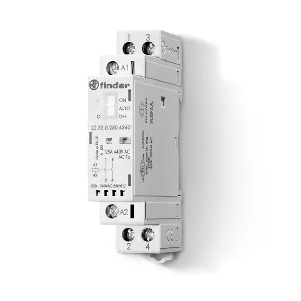 223200244320 | Контактор, 2НО, 25 А, 24В AC/DC, мех.индикатор + LED, AgSnO2, Finder