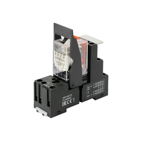 HF18-230AC-4 | Комплект реле: колодка винт;пластиковая клипса;маркер + реле Hongfa 4CO 6A; AgNi; катушка 230B AC, ID