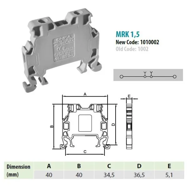 1010002 MRK 1,5 | Клеммник на DIN-рейку 1,5мм.кв. (серый),1002, Onka 