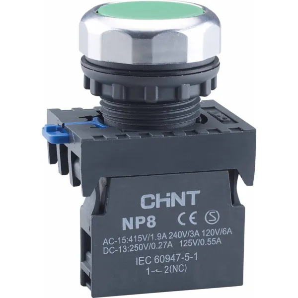667586 | Кнопка упр. NP8-02BND/3 подсветка, самовозв, зеленый, AC110-230В(LED), 2НЗ, IP65, Chint