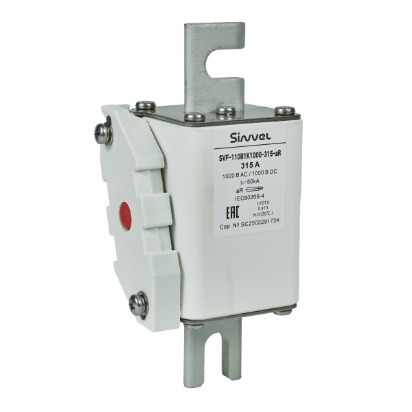SVF-110B1K1000-315-aR | Предохранитель, 315 А, 1000 В DC / 1000 В AC, aR, ножи под болт, габ 1, монт расст 110 мм, Sinvel 