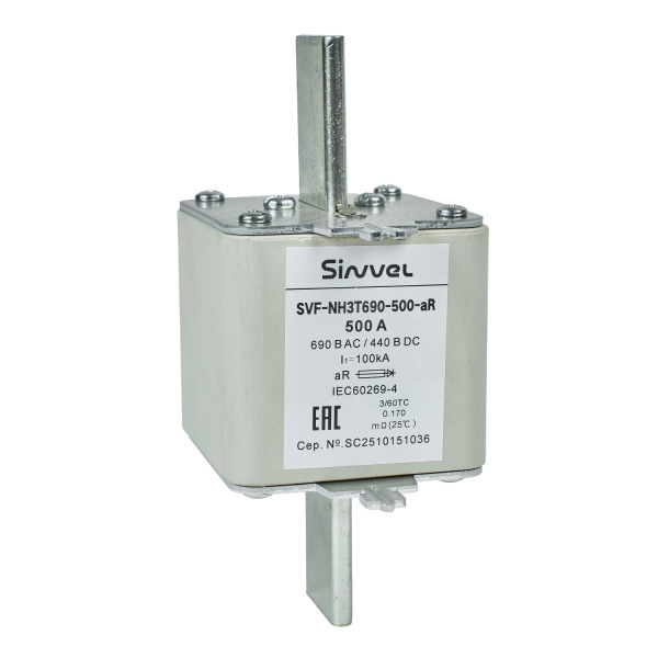 SVF-NH3T690-500-aR | Предохранитель, 500 А, 690 В AС, aR, габарит 3, ножи, Sinvel 