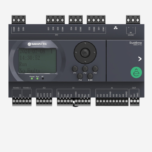 SM172PS11BDT | ПЛК S172; 24 VDC; дисплей; 28 IO: 8 DI, 8 DO (транзистор), 8 AI, 4 AO; 2xRS485, 1xRJ45, Systeme Electric