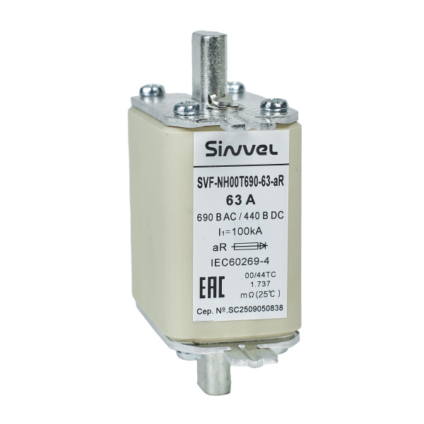 SVF-NH00T690-63-aR | Предохранитель, 63 А, 690 В AС, aR, габарит 00, ножи, Sinvel 